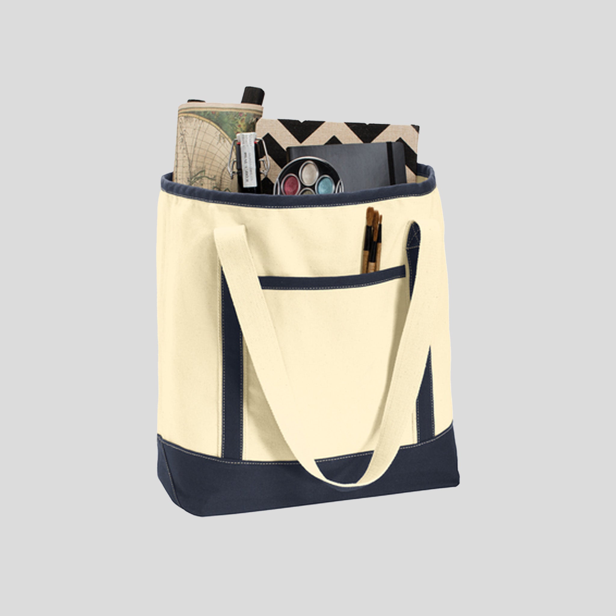 Large Cotton Canvas Tote | Natural/Navy